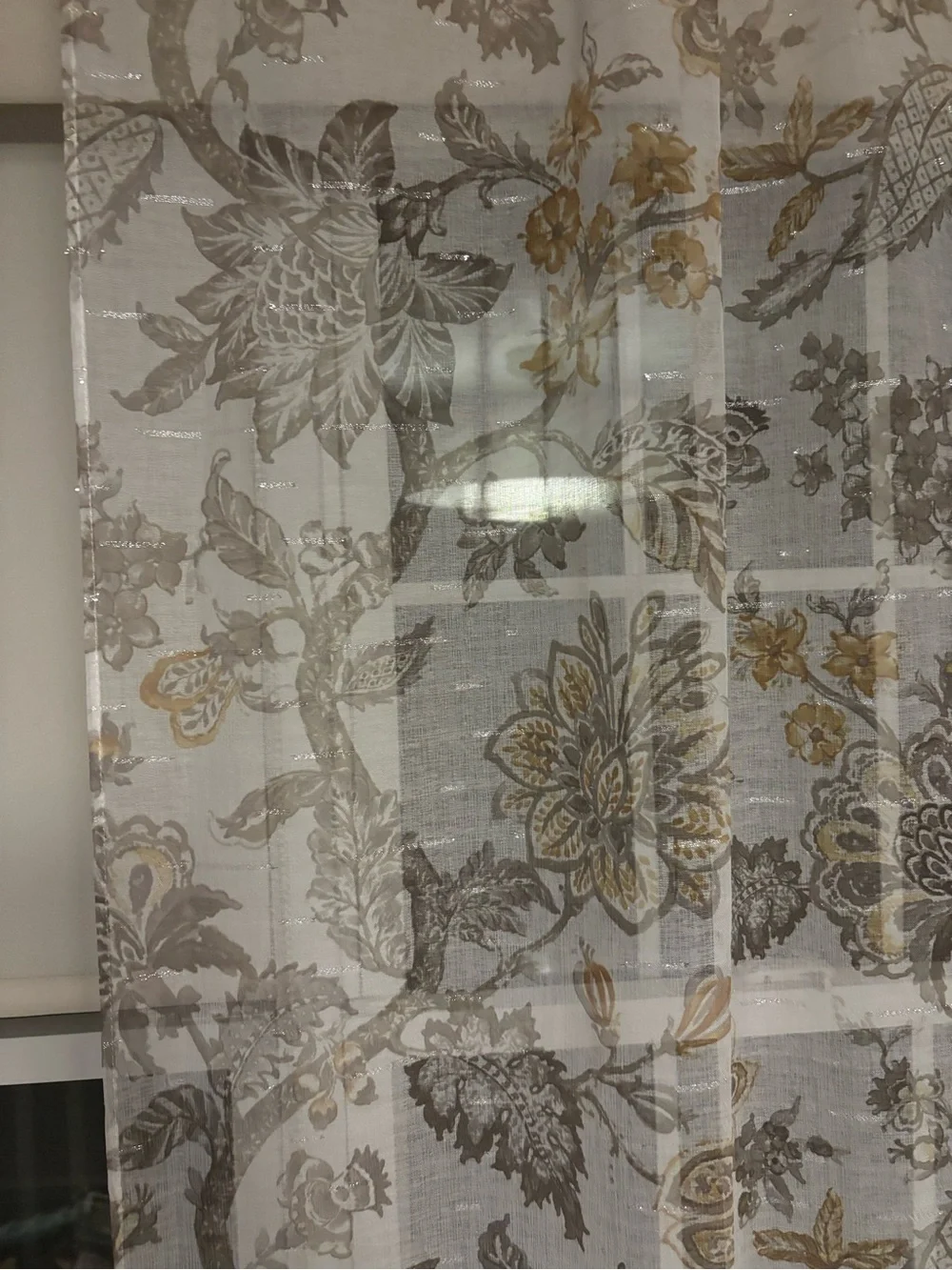 Sheer Floral Window Curtain Panel Set in Beige and Gray